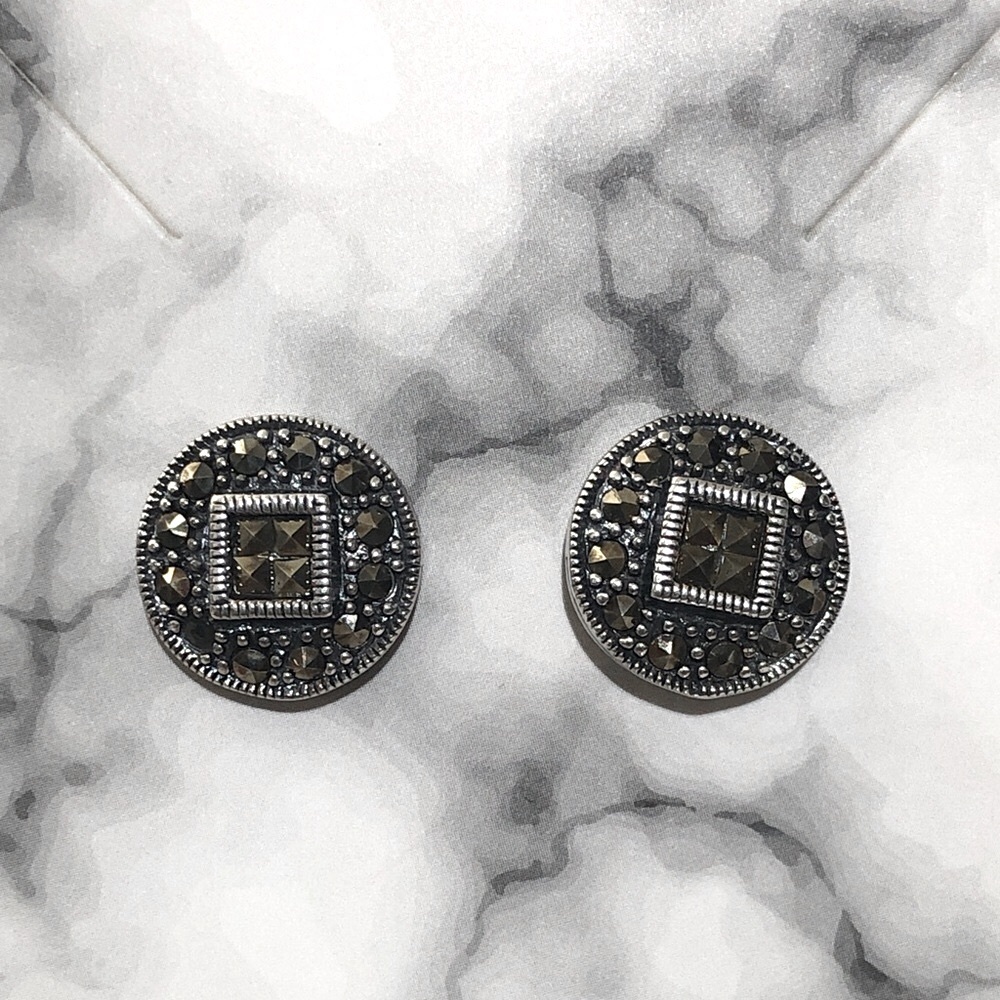 Estate Sterling Silver Marcasite Button Earrings 5/8” stamped 925